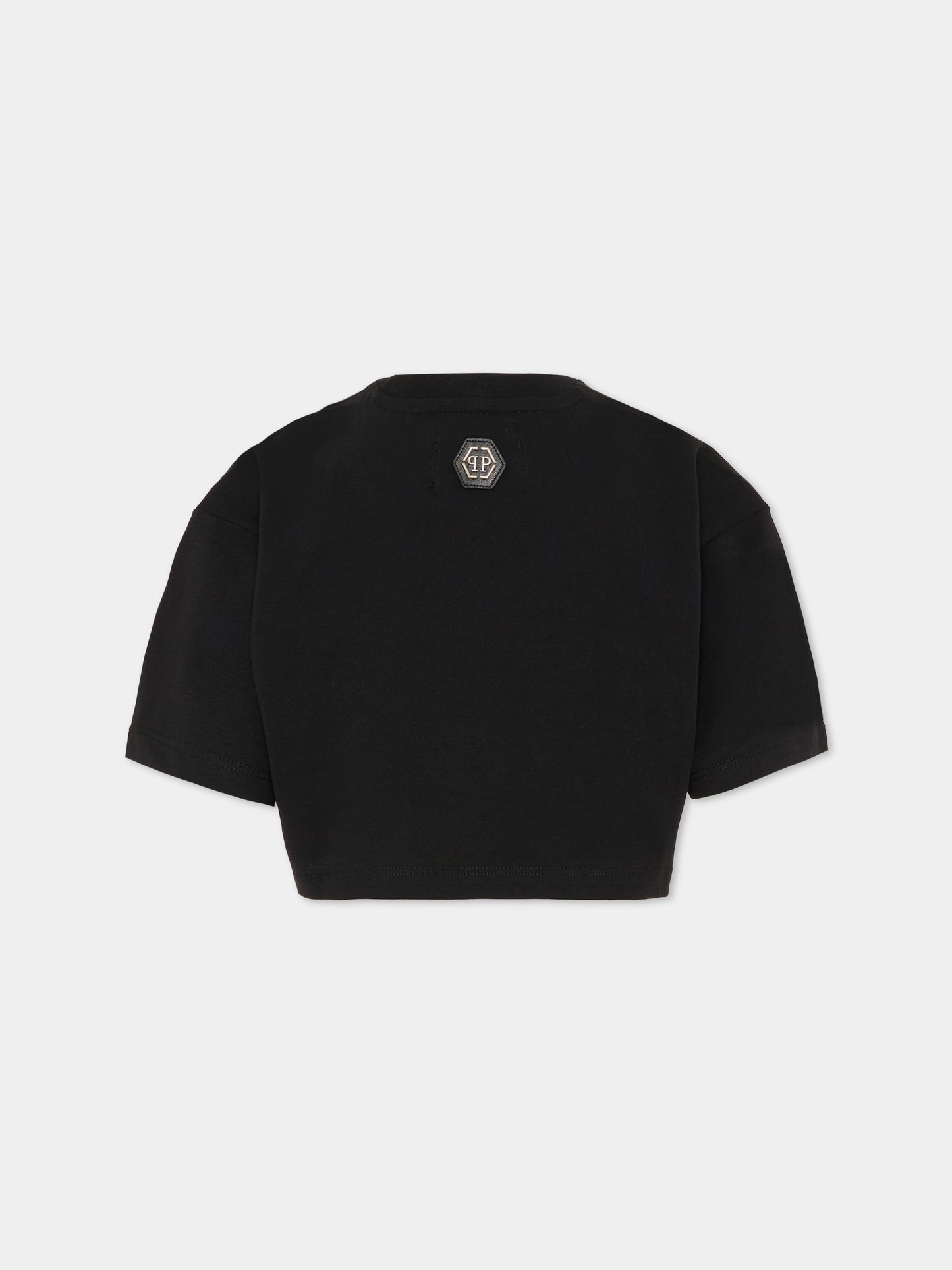 T-shirt crop nera per bambina con logo,Philipp Plein Junior,S6PHJGTH148 110
