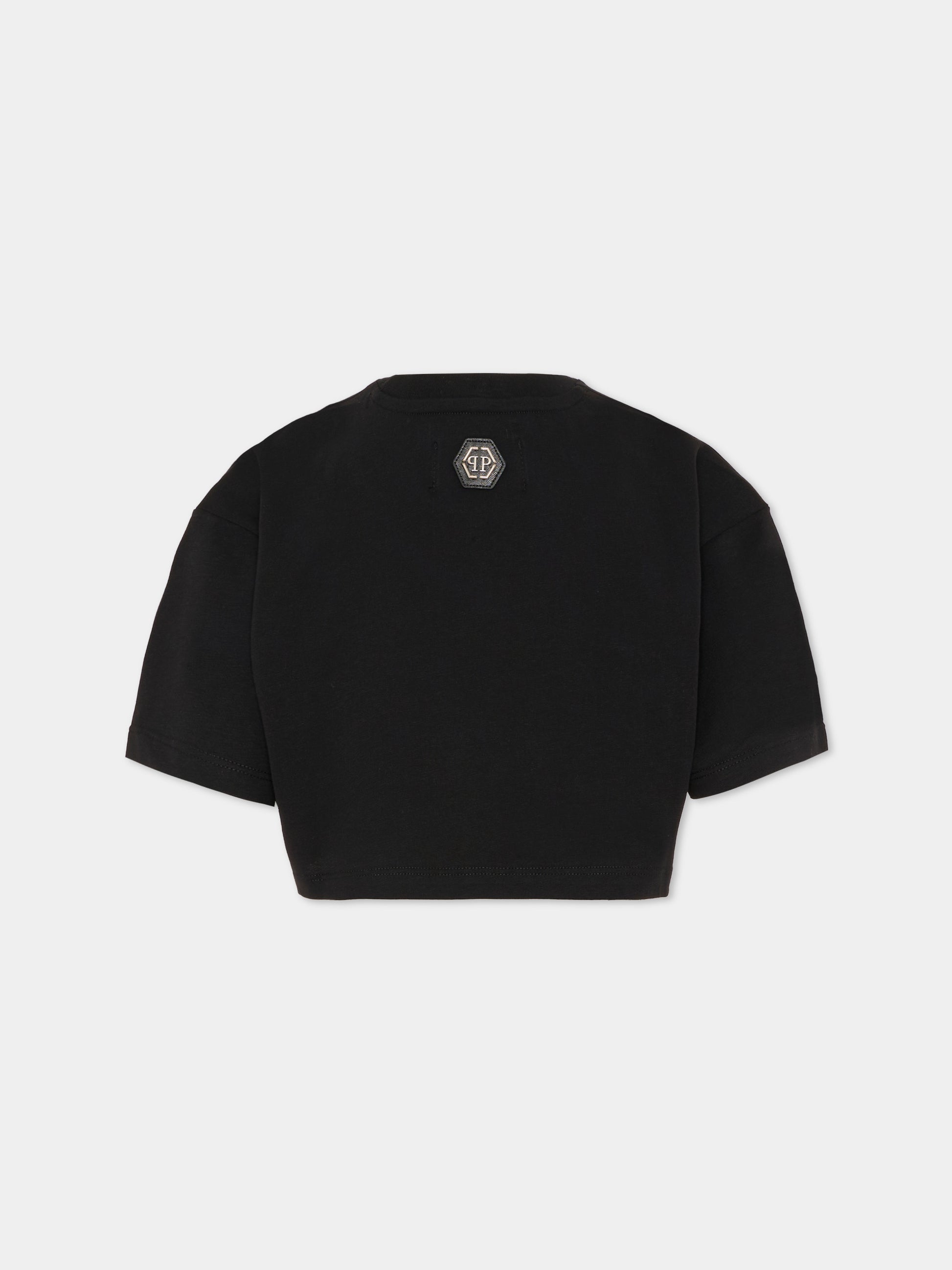 T-shirt crop nera per bambina con logo,Philipp Plein Junior,S6PHJGTH148 110