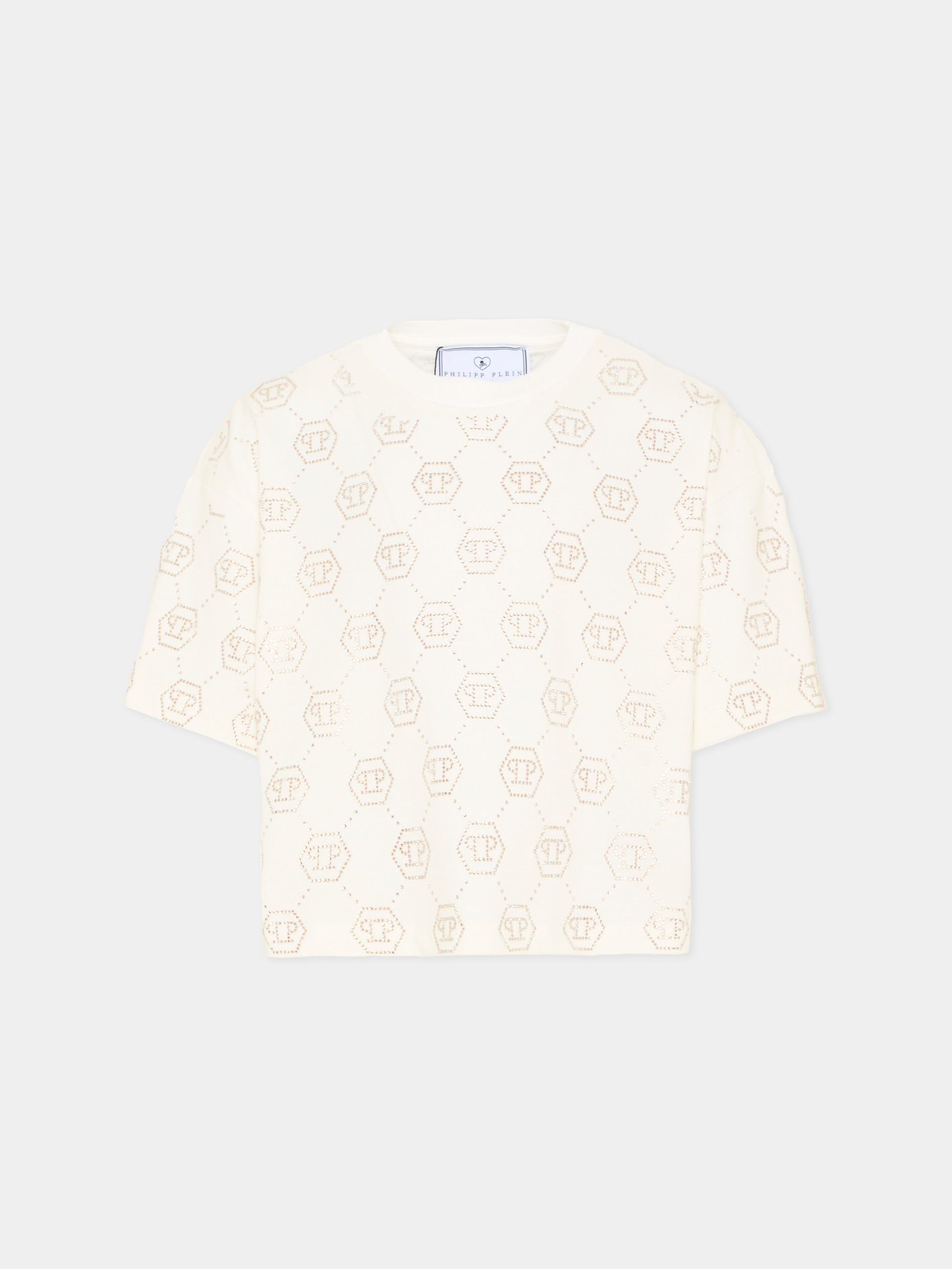 T-shirt bianca per bambina con monogramma,Philipp Plein Junior,S6PHJGTH201 002