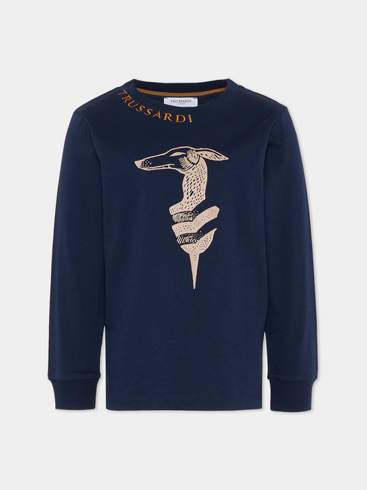 T-shirt blu per bambino con logo,Trussardi Junior,TBA25022TS PEACOAT