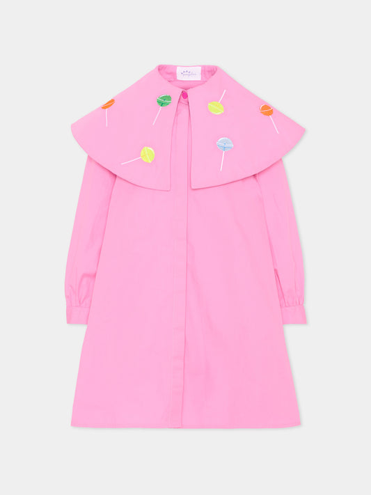 Vestito rosa per bambina con ricami,Pangolini Kids,DRESS WITH LOLLIPOPS