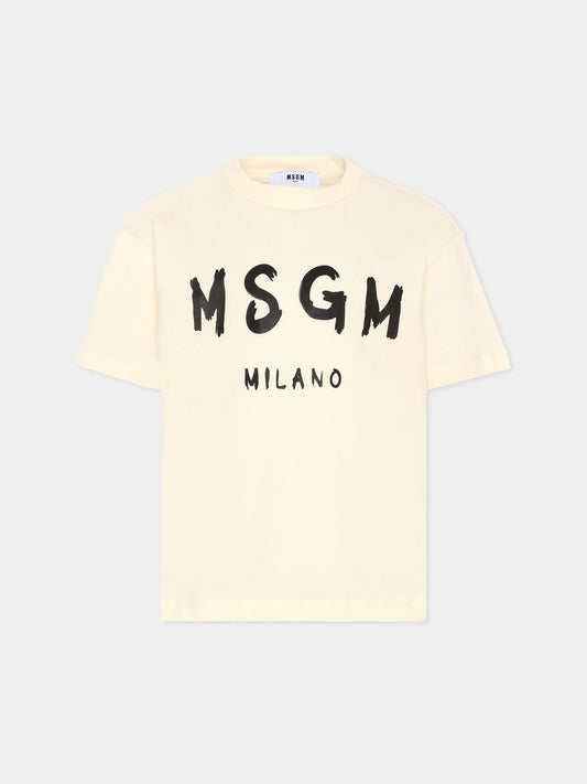 T-shirt avorio per bambini con logo nero,Msgm Kids,F5MSJUTH007 013