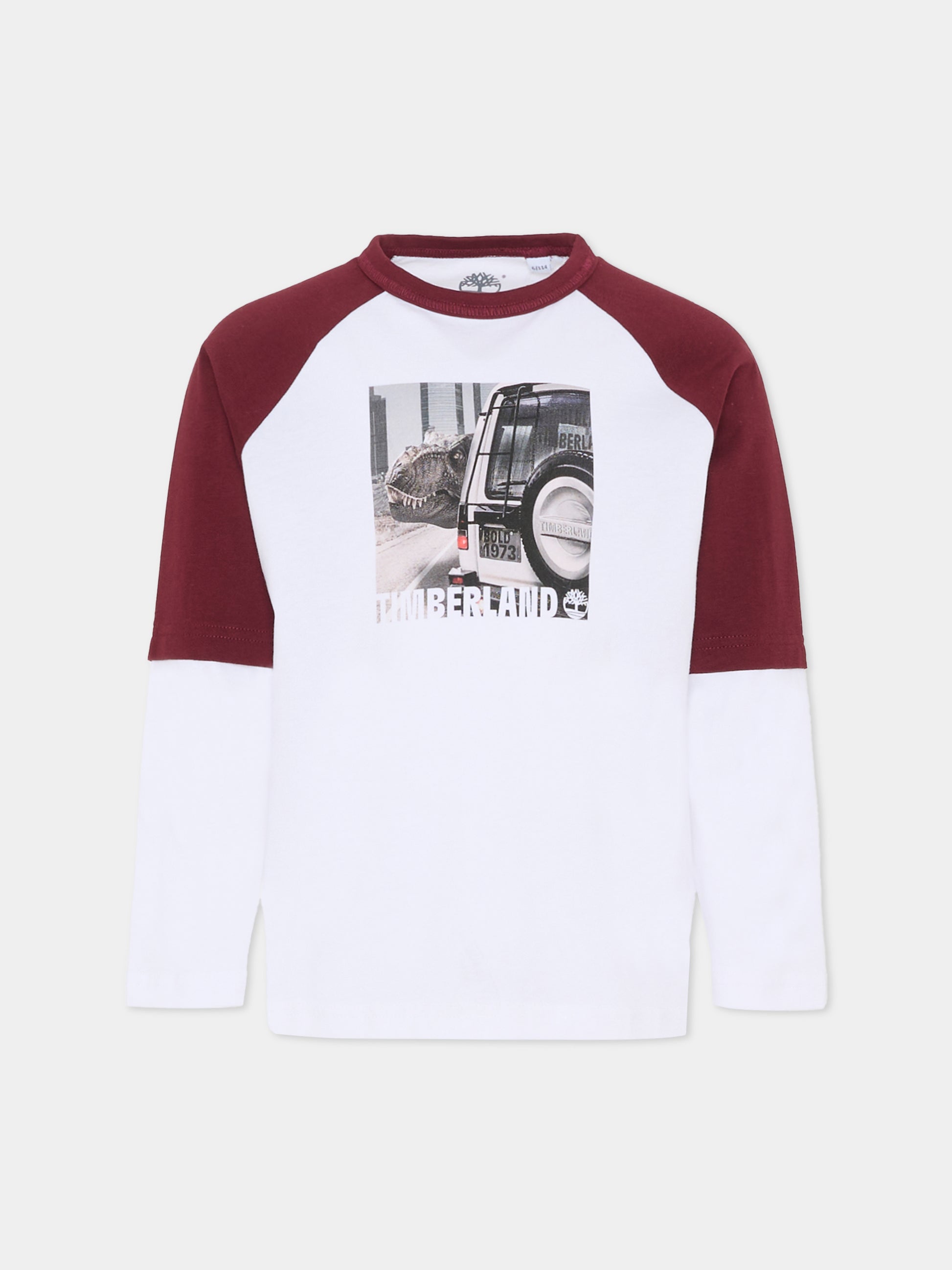 T-shirt bianca per bambino con logo e dinosuaro,Timberland,T60305 10P