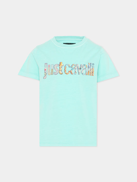 T-shirt verde per bambino con logo,Just Cavalli Kids,JBP26183TS GREEN OCEAN WAVE