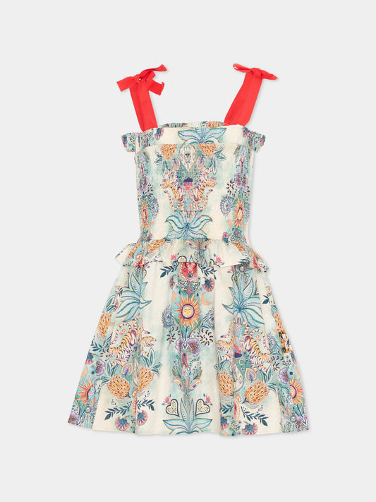 Vestito multicolor per bambina con stampa tropicale,Just Cavalli Kids,JGP26120VE TROPICAL GARDEN