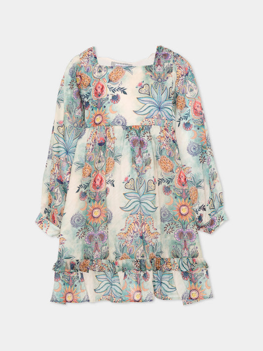 Vestito multicolor per bambina con stampa Tropical Garden,Just Cavalli Kids,JGP26130VE TROPICAL GARDEN