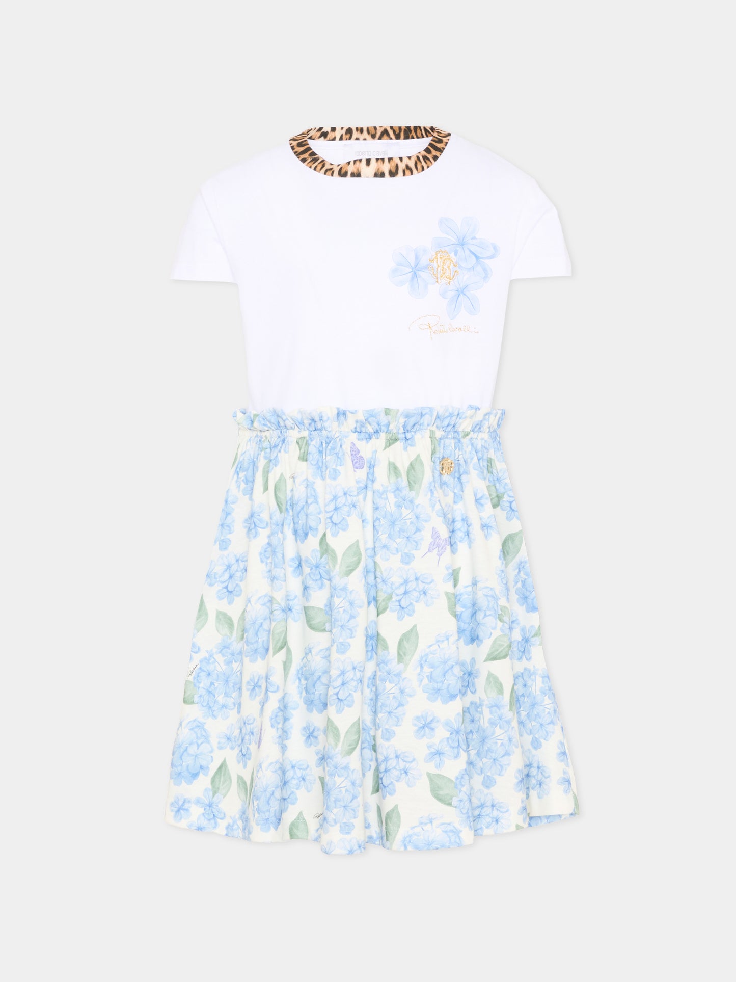 Vestito bianco per bambina con stampa floreale,Roberto Cavalli Kids,CGP26002VE WHITE