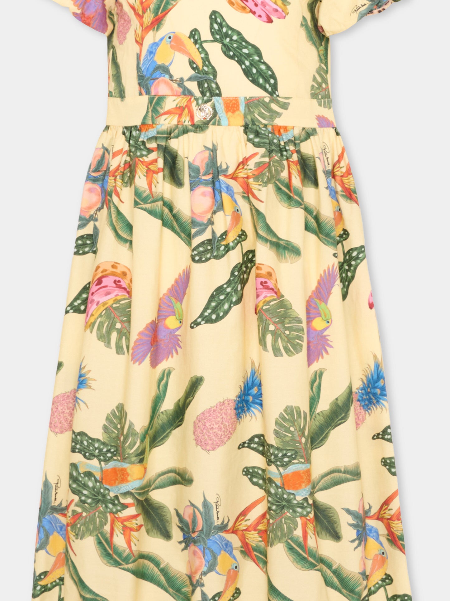 Abito giallo per bambina con stampa tropicale,Roberto Cavalli Kids,CGP26038VE TROPICANA YELLOW