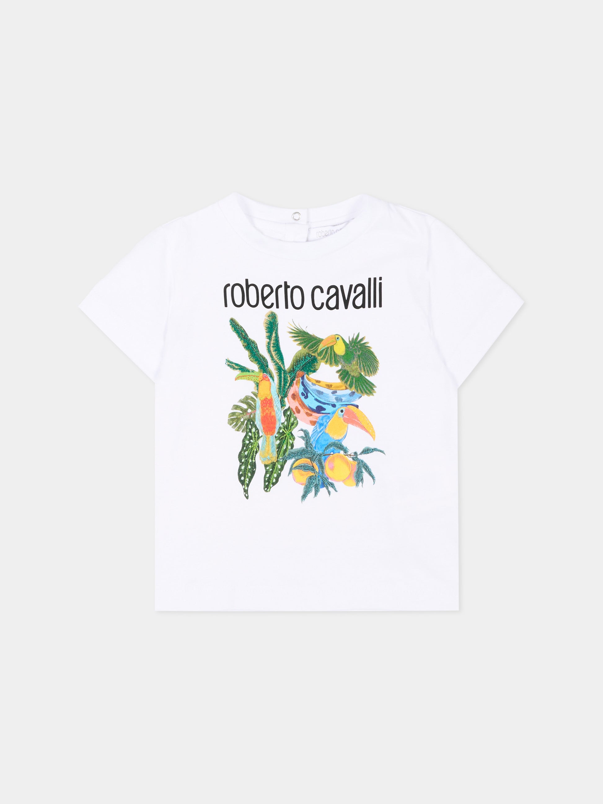 T-shirt bianca per neonato con stampa tropicale,Roberto Cavalli Kids,CIP26083TS WHITE