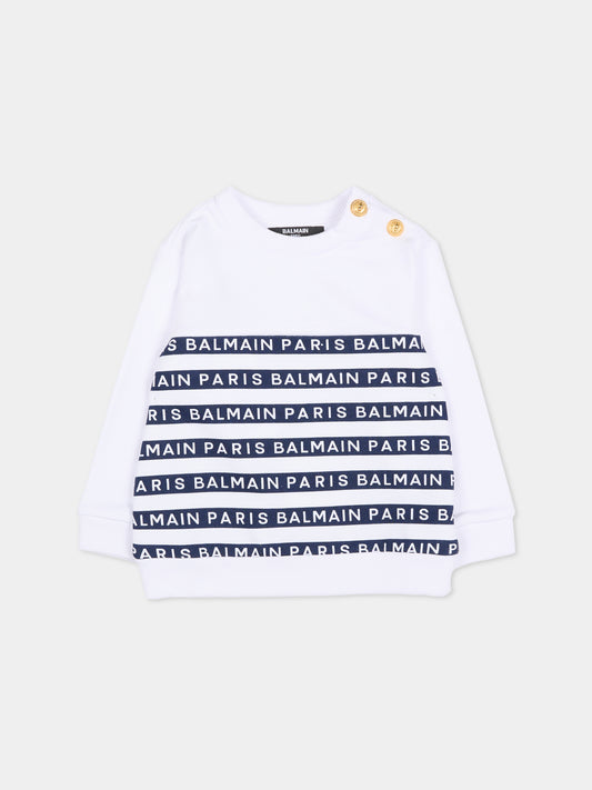 Felpa bianca per neonato con righe blu e logo,Balmain Kids,BU4550 Z1909 100BL
