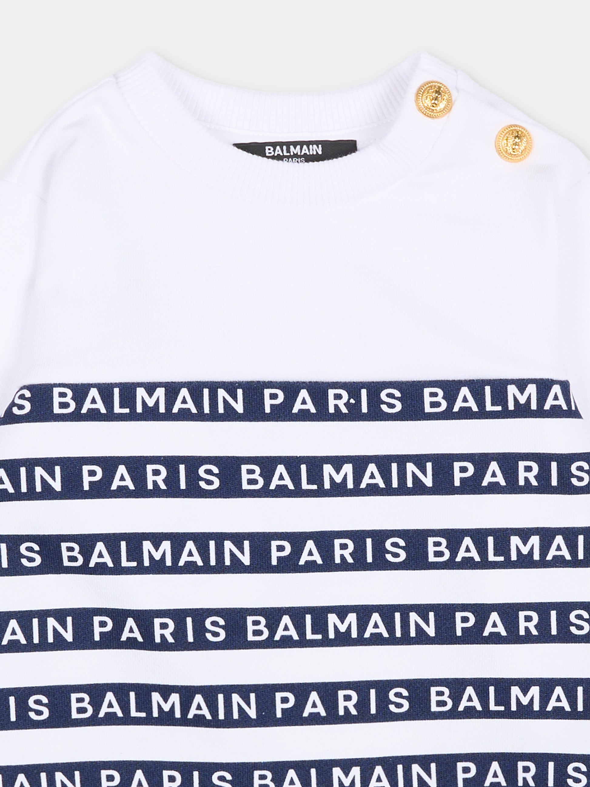 Felpa bianca per neonato con righe blu e logo,Balmain Kids,BU4550 Z1909 100BL