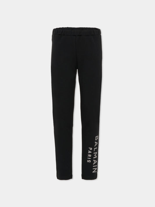 Leggings neri per bambina con logo argentato,Balmain Kids,6R6A70 Z0768 930
