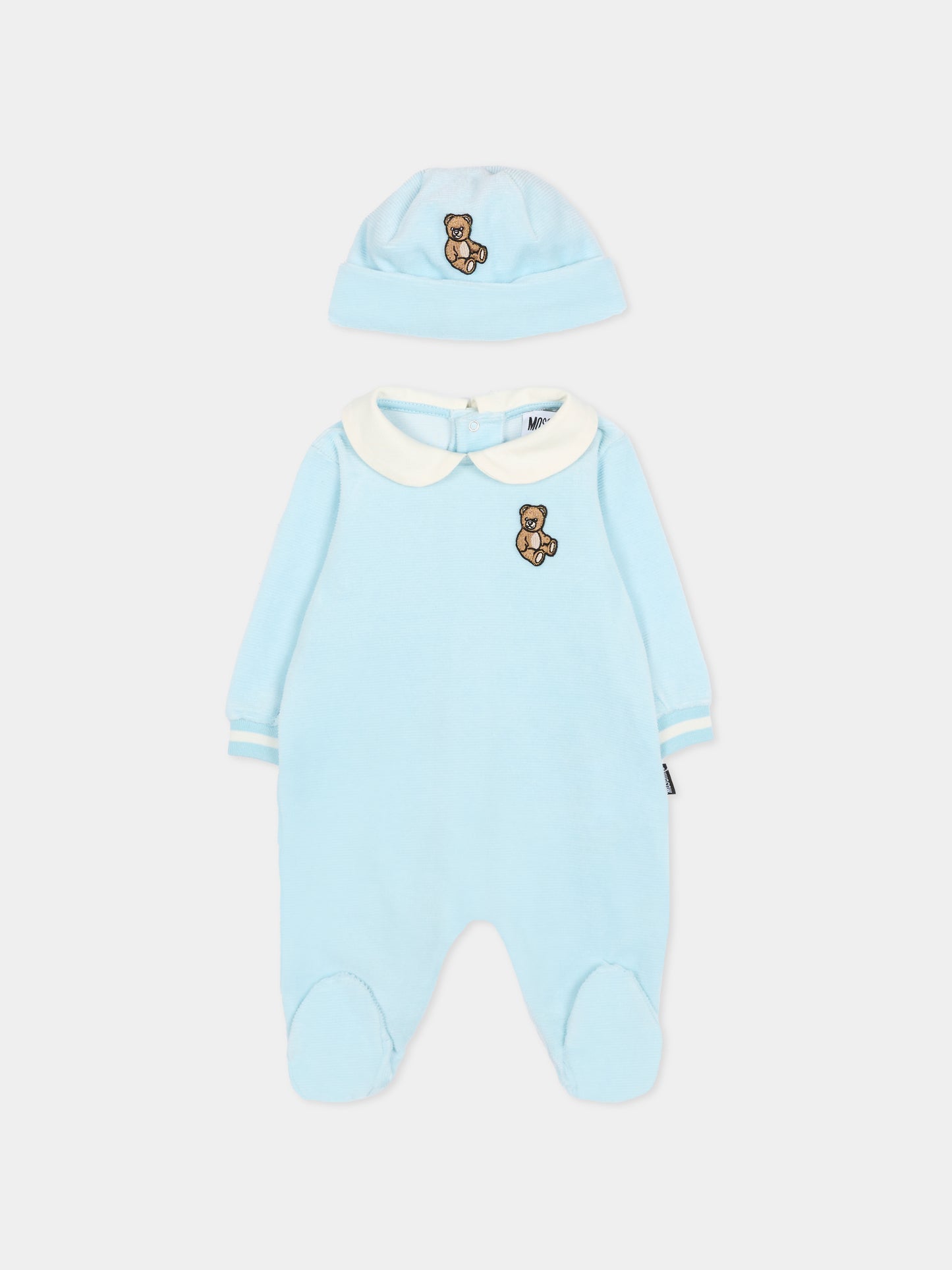 Set tutina celeste per neonato con patch Teddy Bear,Moschino Kids,MUY08H LGA27 40304