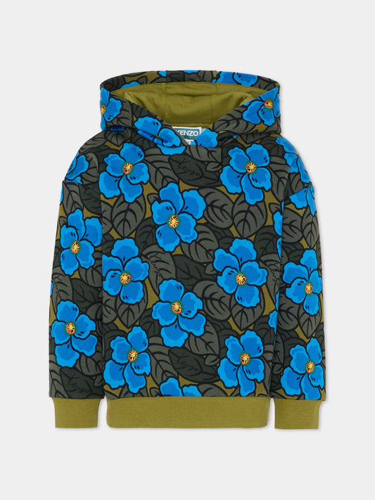 Felpa verde per bambina con papaveri blu,Kenzo Kids,K61433 845