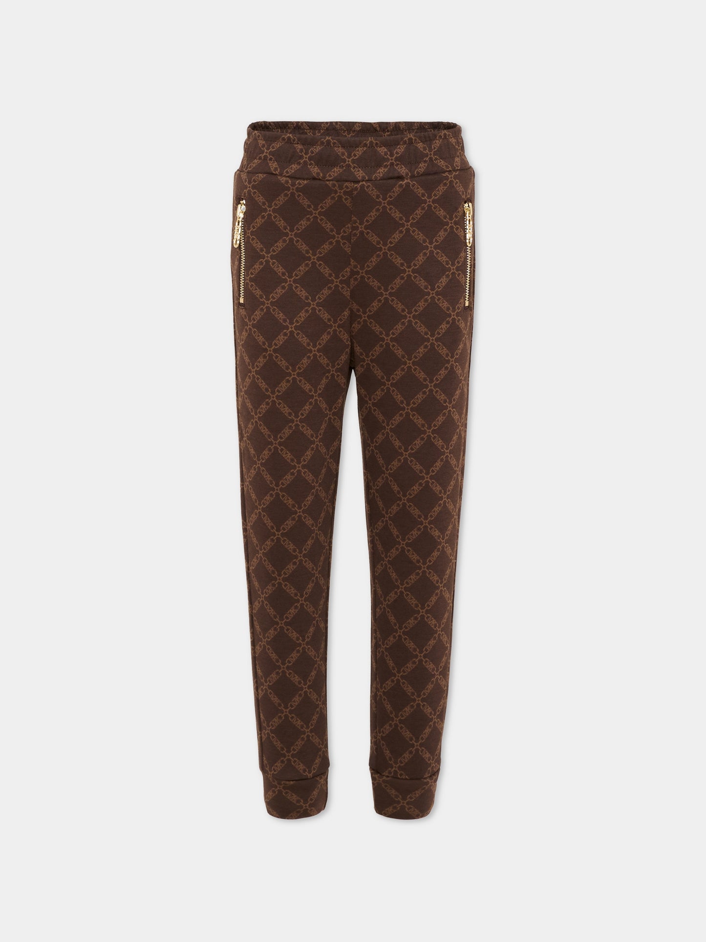 Pantaloni marroni per bambina con logo all over,Michael Kors,R30444 342