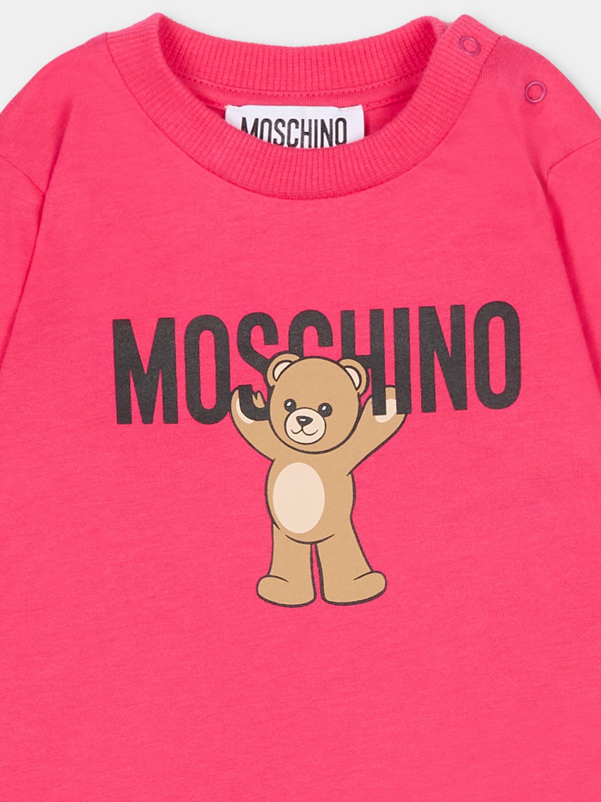 T-shirt fucsia per neonata con logo e Teddy Bear,Moschino Kids,MZO00R LAA10 50541