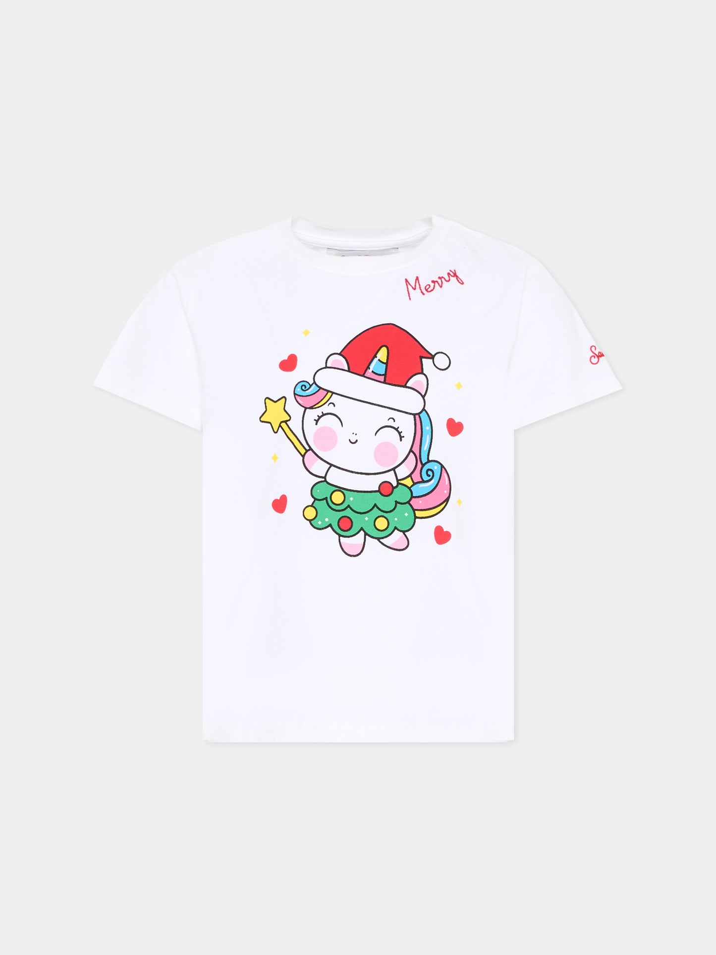 T-shirt bianca per bambina con unicorno natalizio,Mc2 Saint Barth,ELLY002 00803C