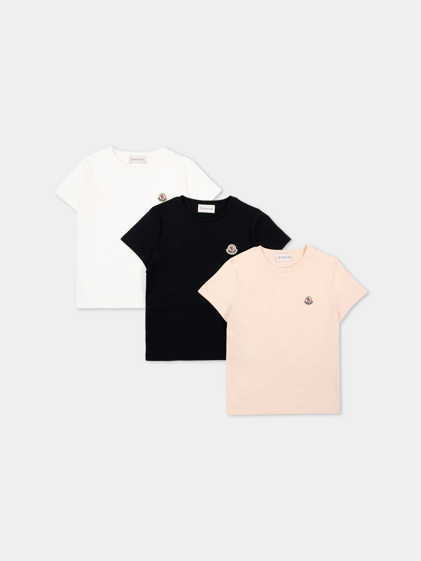 T-Shirt multicolor per bambina set 3 pezzi con logo,Moncler Kids,L2954 8C00016 89AT9 3P2