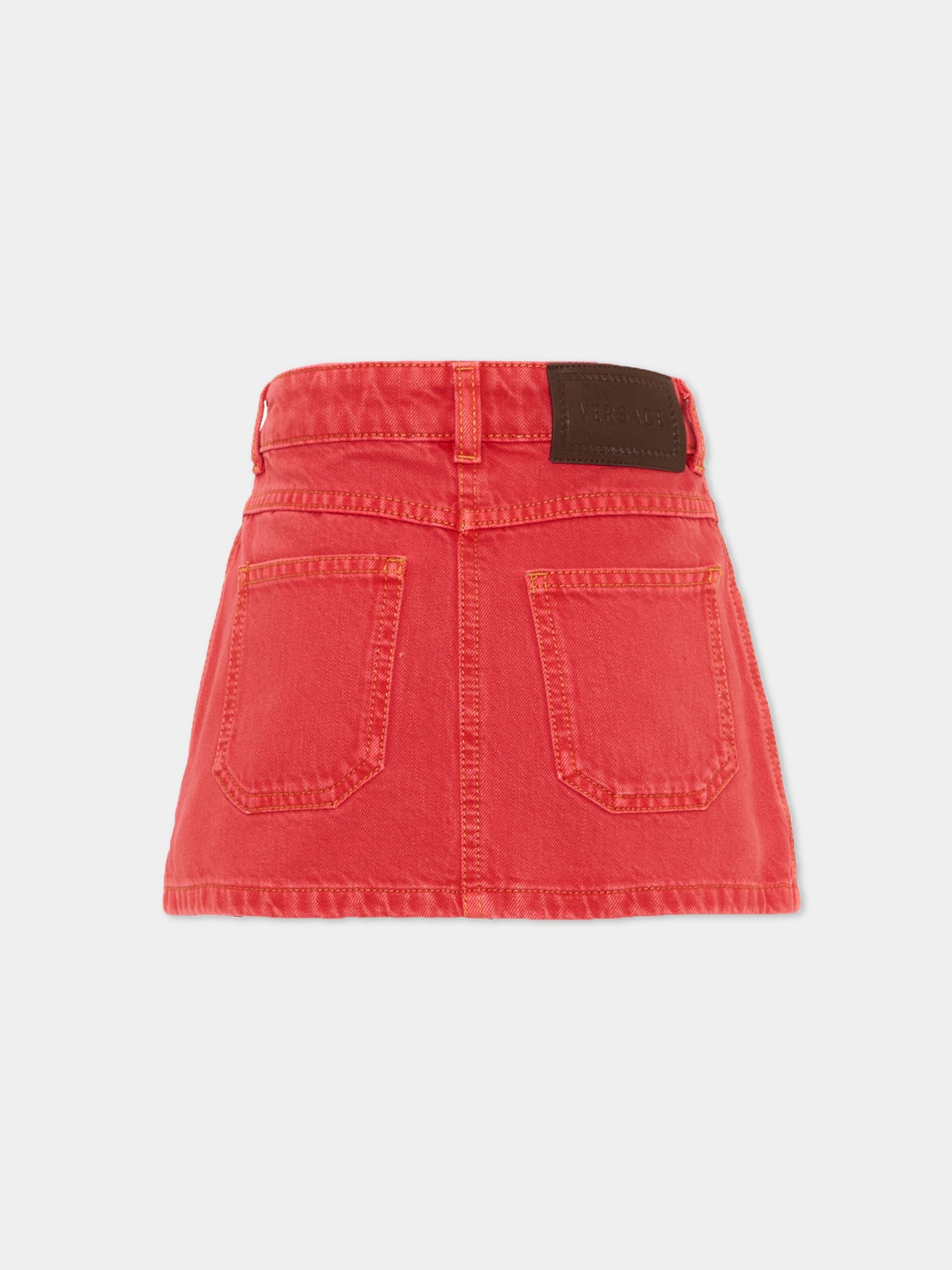 Gonna rossa in denim per bambina con logo,Versace,1025059 1A18198 1D160