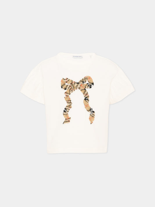 T-shirt avorio per bambina con fiocco check vintage,Burberry Kids,8129919 A2014