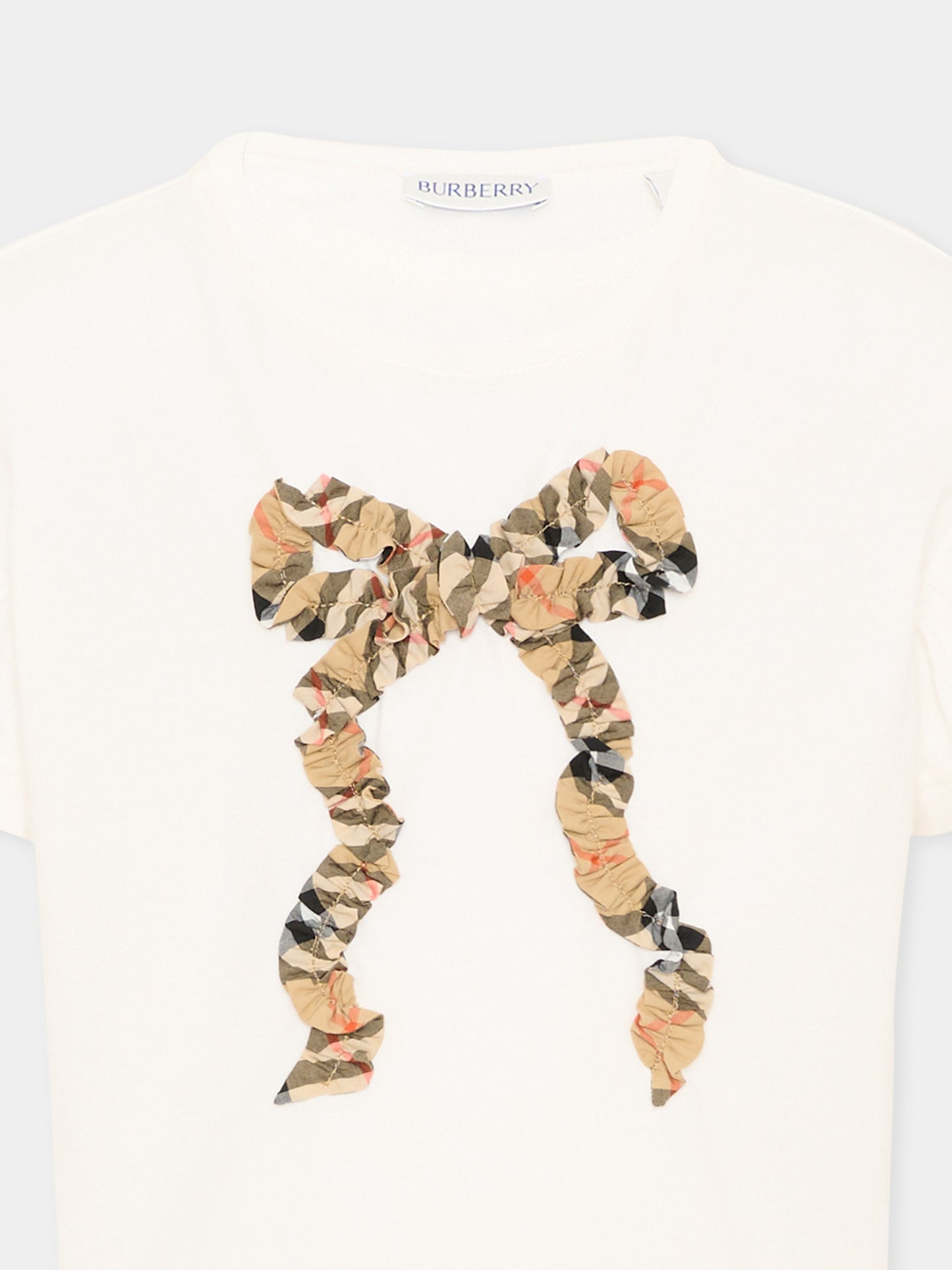 Ivory T-shirt for Girl with vintage check bow