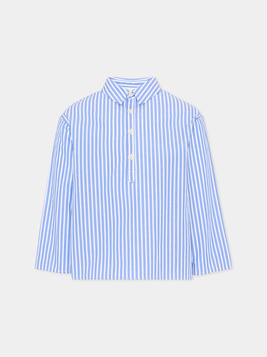Camicia azzurra per bambina a righe con logo,Douuod Kids,DZ5P20 Z4043 648BC
