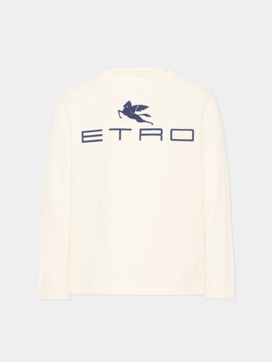T-Shirt a manica lunga avorio per bambini con logo Pegaso,Etro,GZ8P10 Z3672 102