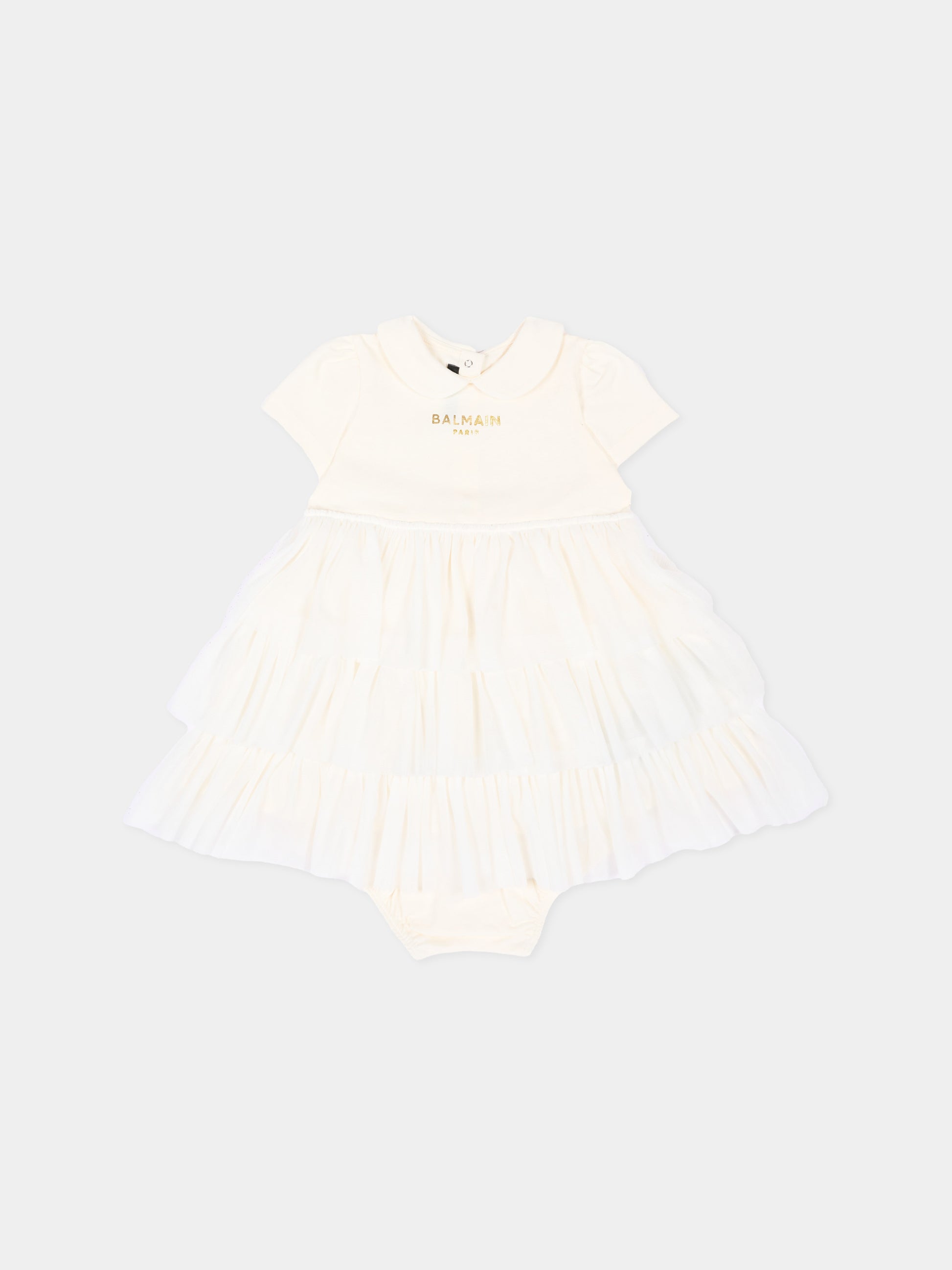 Abito avorio per neonata con logo,Balmain Kids,BZ1021 Z3672 102OR