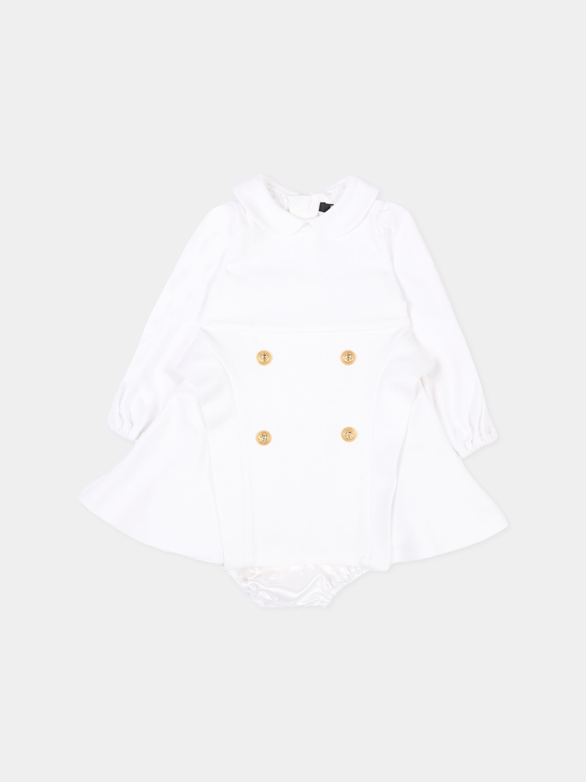 Abito bianco per neonata con bottoni oro,Balmain Kids,BZ1100 J0371 100OR