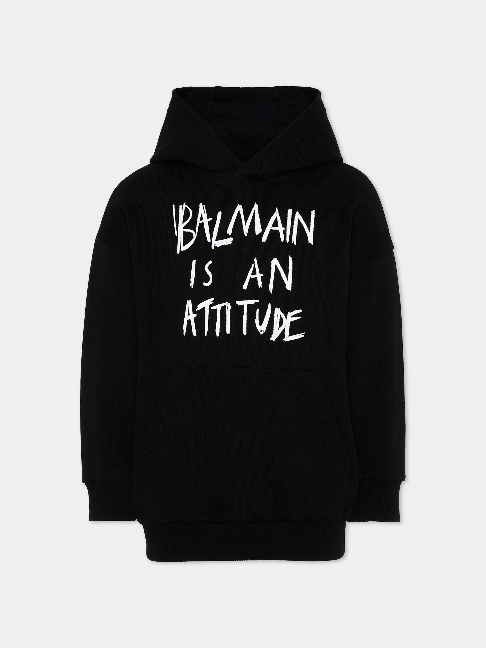 Felpa nera con cappuccio per bambino con logo,Balmain Kids,BZ4H00 Z3183 930BC