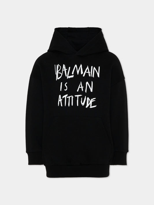 Felpa nera con cappuccio per bambino con logo,Balmain Kids,BZ4H00 Z3183 930BC
