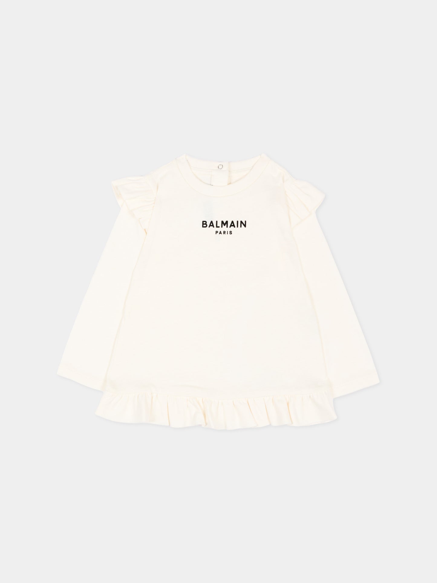 T-shirt a manica lunga avorio per neonata con logo,Balmain Kids,BZ8010 Z3672 102NE