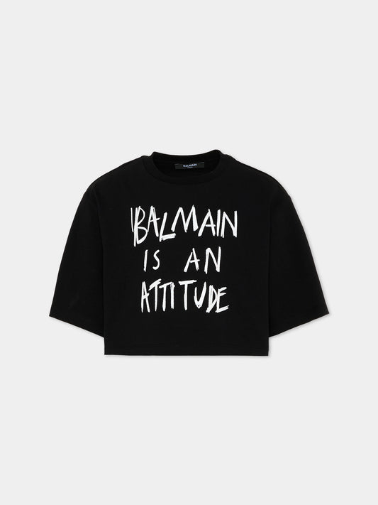 T-Shirt nera per bambina con logo,Balmain Kids,BZ8A01 Z3672 930BC