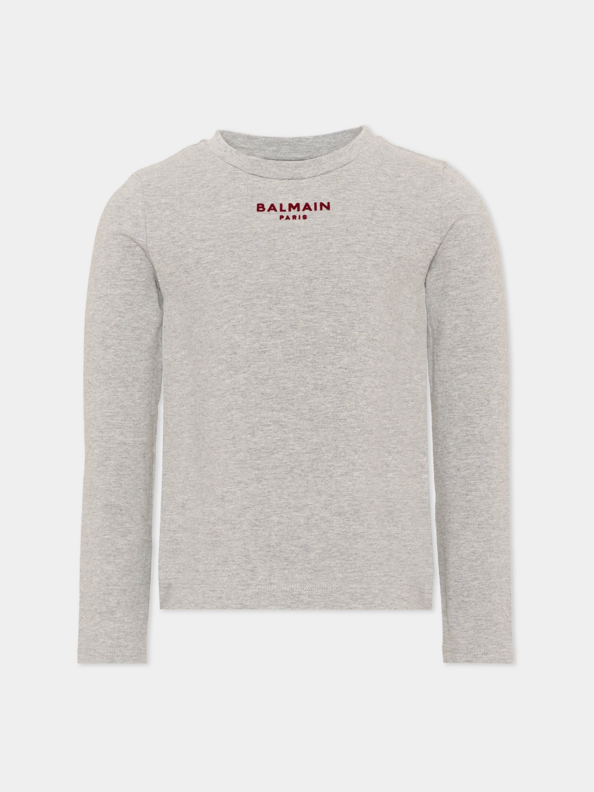 T-Shirt a manica lunga grigia per bambini con logo,Balmain Kids,BZ8A70 Z4008 806BD