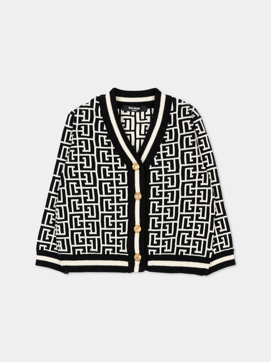 Cardigan nero per neonato con iconico labirinto,Balmain Kids,BY9550 Z3491 104NE