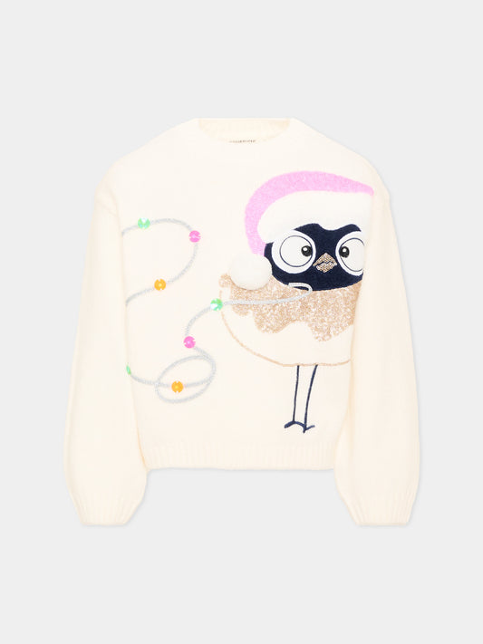 Maglione avorio per bambina con pinguino,Billieblush,U22471 121