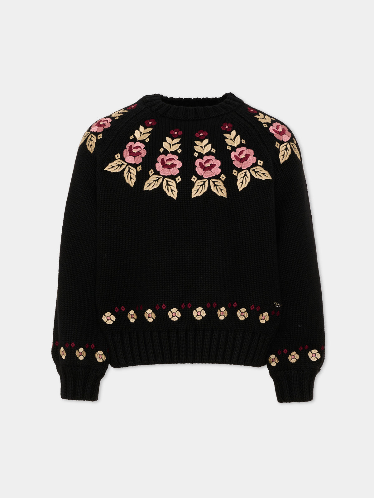 Maglione nero per bambina floreale,Chloé Kids,C21293 09B