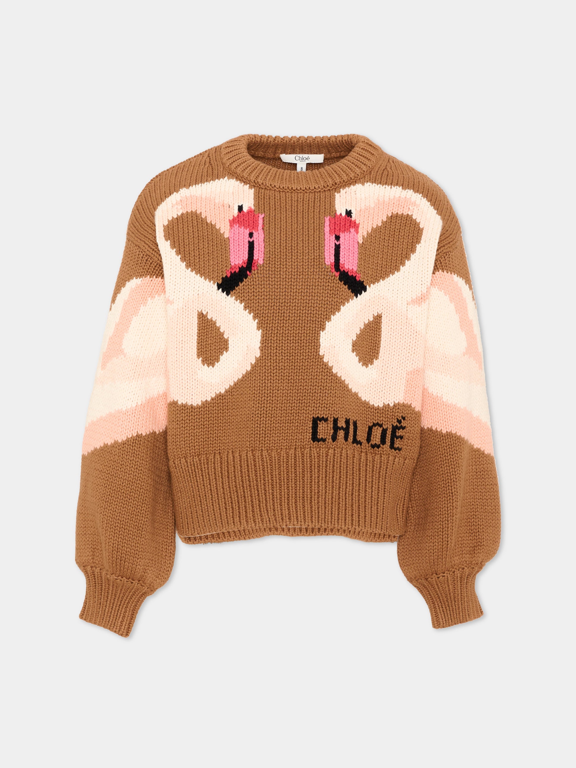 Maglione marrone per bambina con cigni,Chloé Kids,C21294 31F