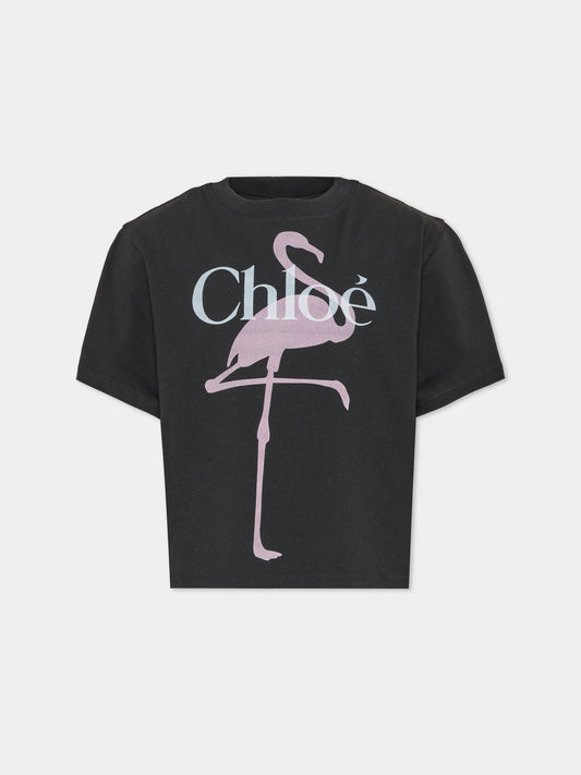 T-shirt nera per bambina con stampa,Chloé Kids,C21300 09B