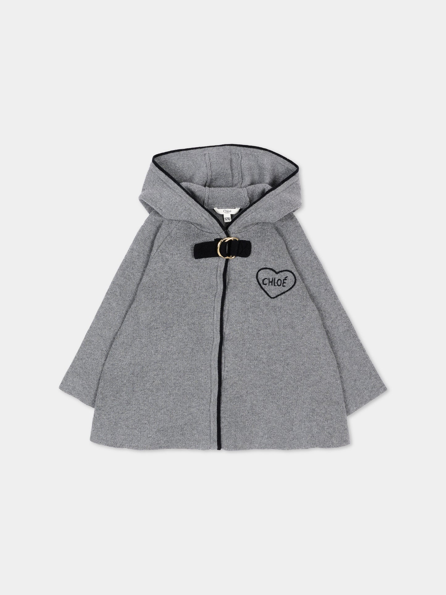 Cappa grigia per neonata con cappuccio in maglia,Chloé Kids,C21355 A46