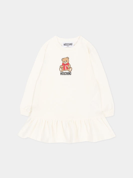 Vestito avorio per neonata con Teddy Bear,Moschino Kids,MBV0BK LDA18 10063
