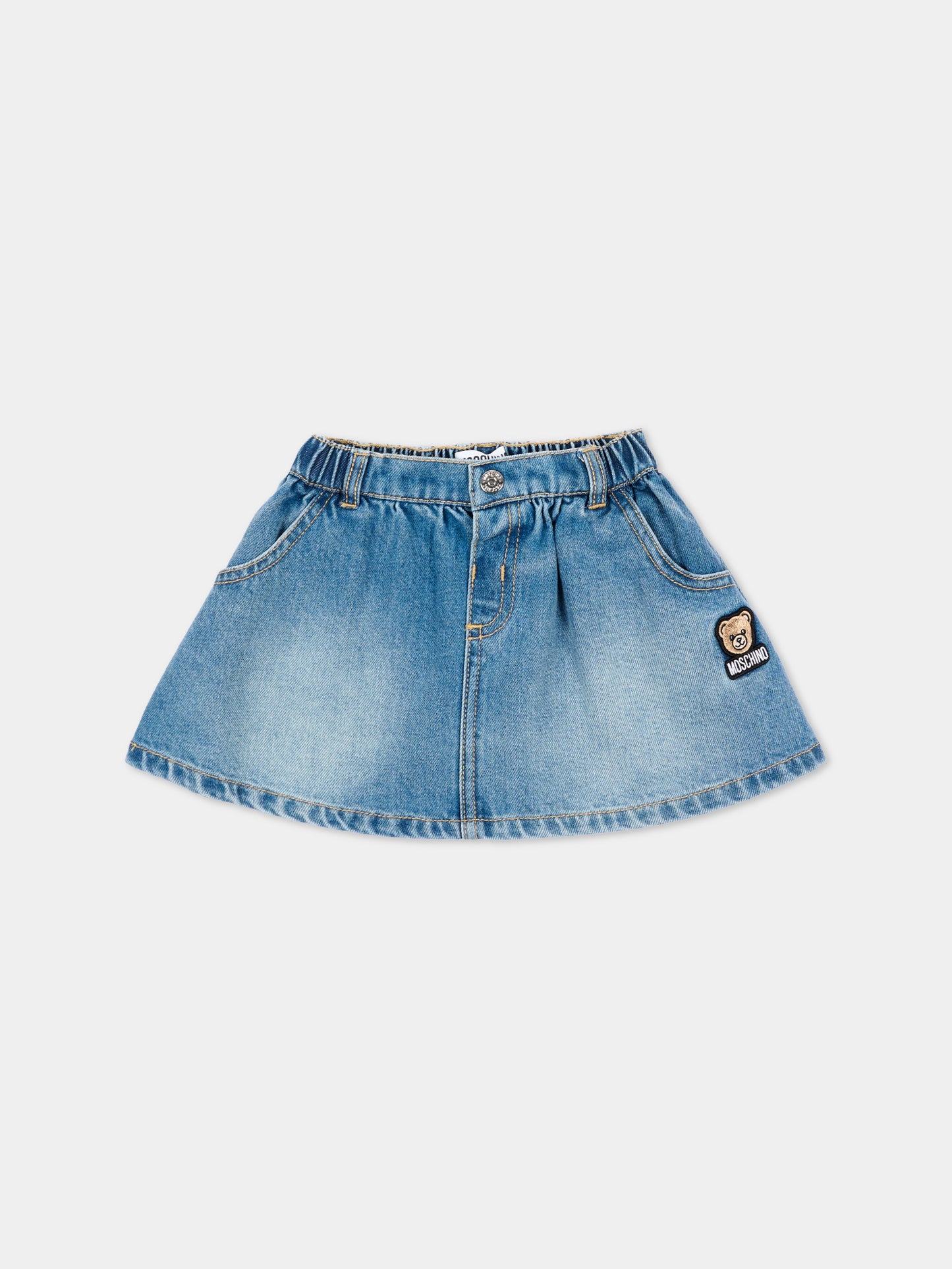Gonna denim blu per neonata con patch,Moschino Kids,MDJ01P L0E36 41040