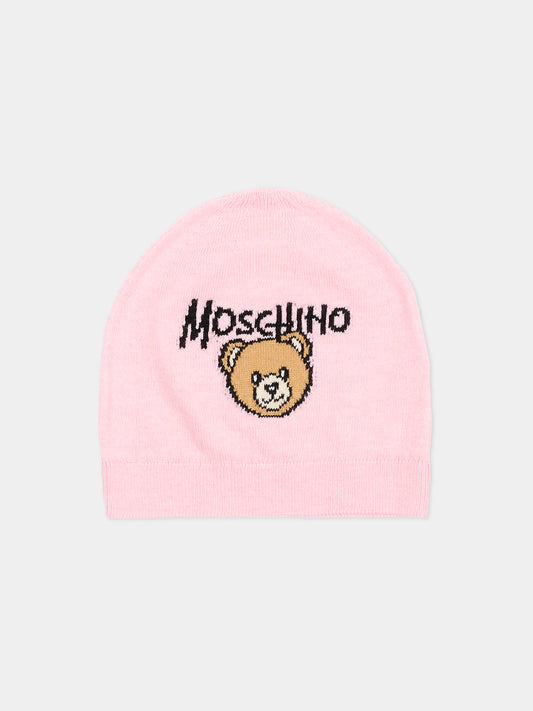 Berretto rosa per neonata con Teddy Bear,Moschino Kids,MMX05K LHE43 50209