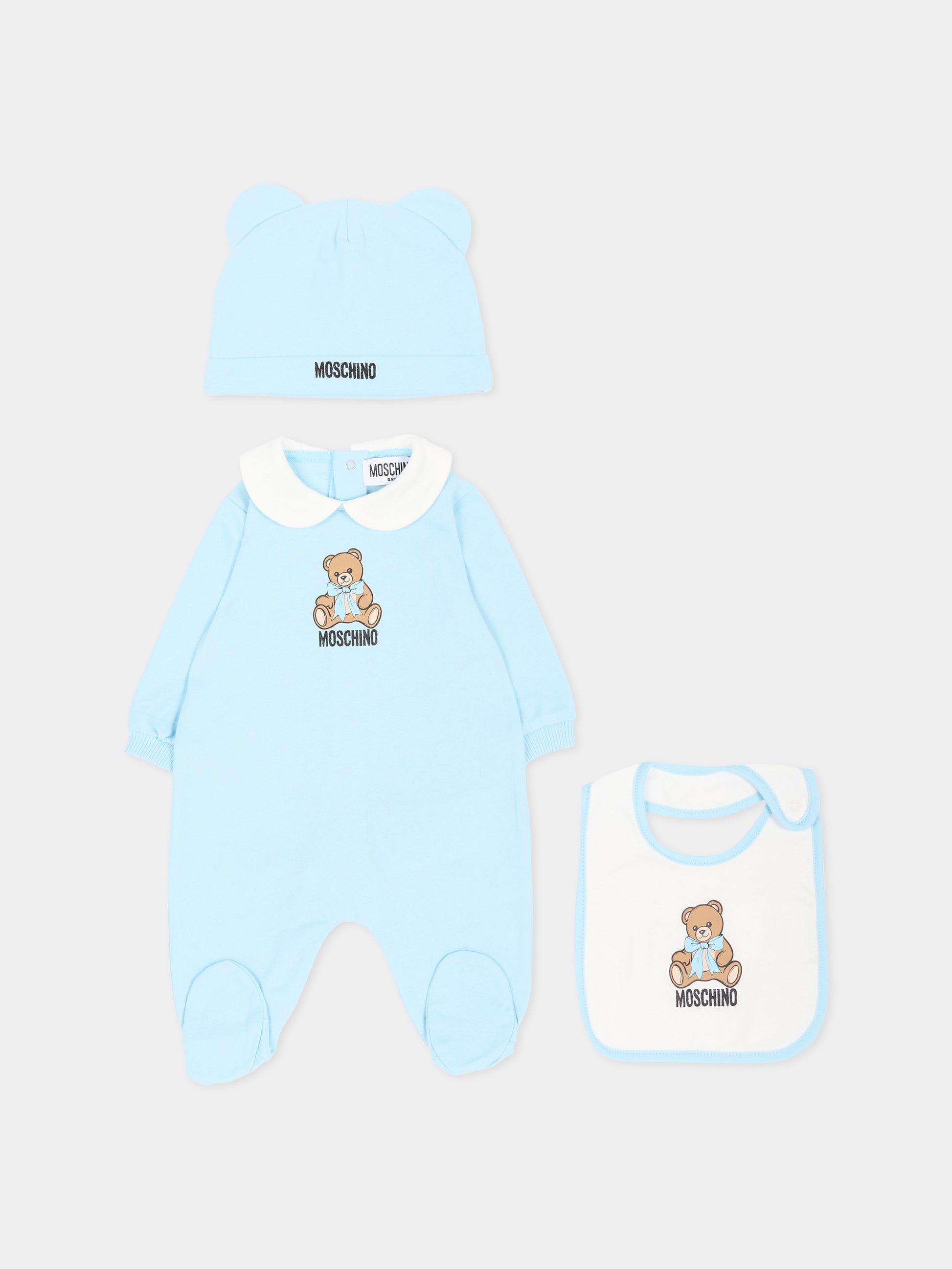 Set tutina azzurra per neonato con Teddy Bear,Moschino Kids,MNY08B LCA40 40304