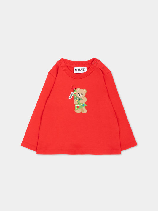 T-Shirt rossa per neonati con Teddy Bear,Moschino Kids,MVO014 LAA10 50109