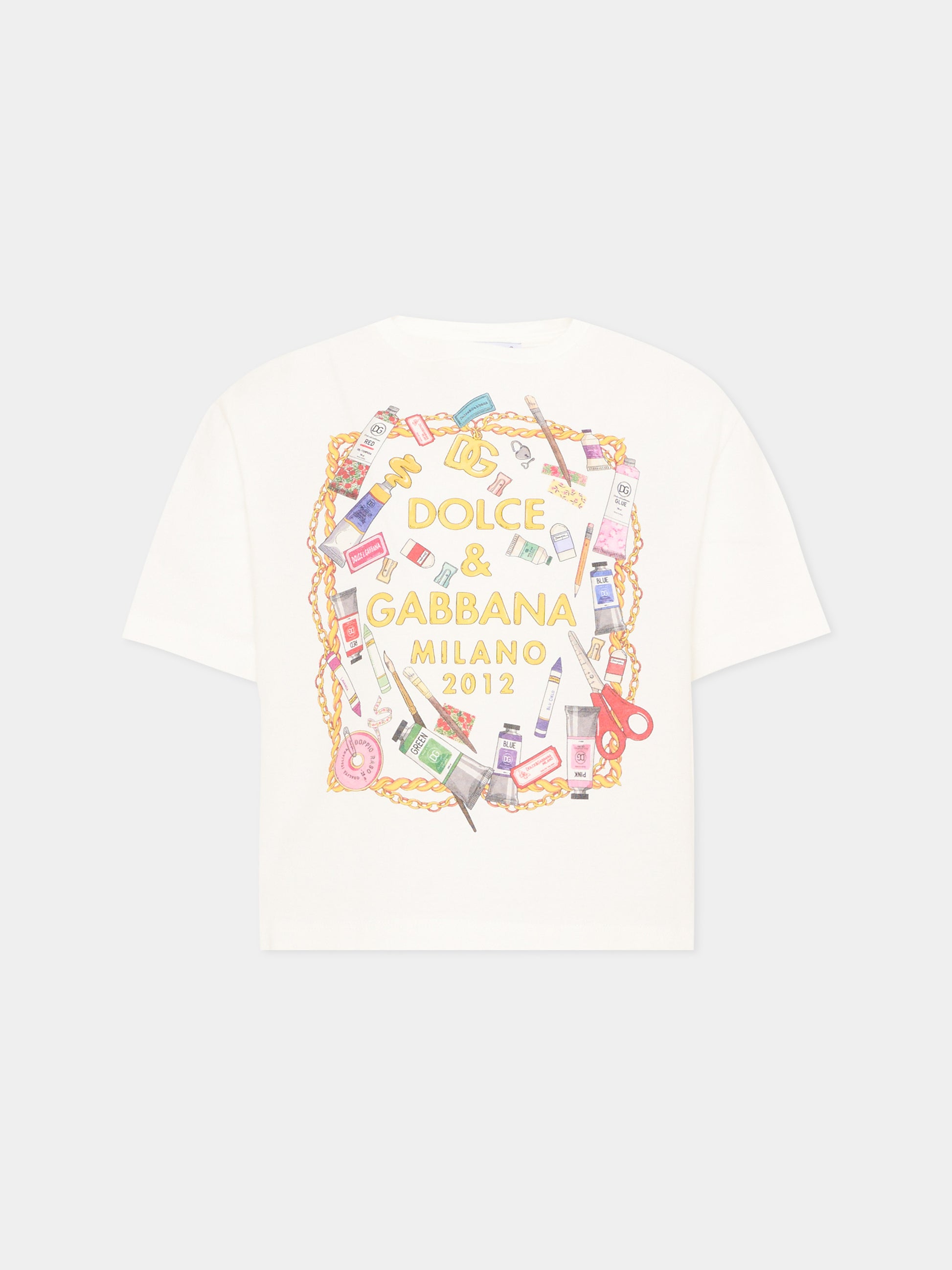 T-Shirt avorio con stampa per bambina,Dolce & Gabbana Kids,L5JTNL G7P6Z HA6FT