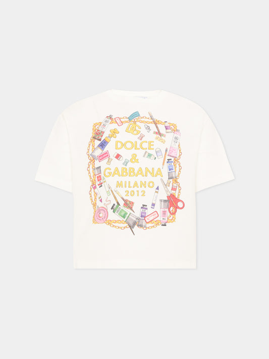 T-Shirt avorio con stampa per bambina,Dolce & Gabbana Kids,L5JTNL G7P6Z HA6FT