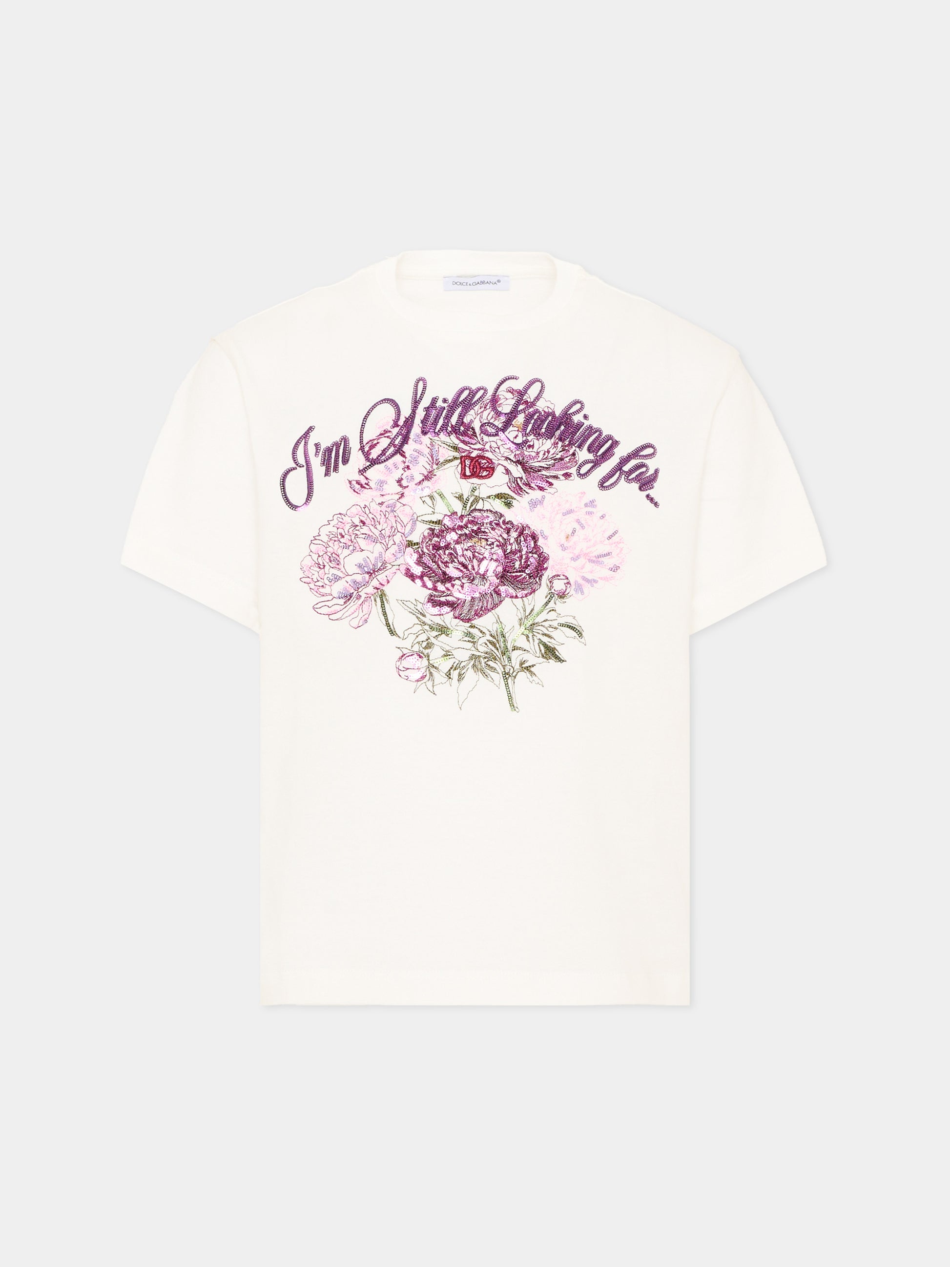 T-shirt avorio per bambina con stampa floreale,Dolce & Gabbana Kids,L5JTNM G7QUW W0111
