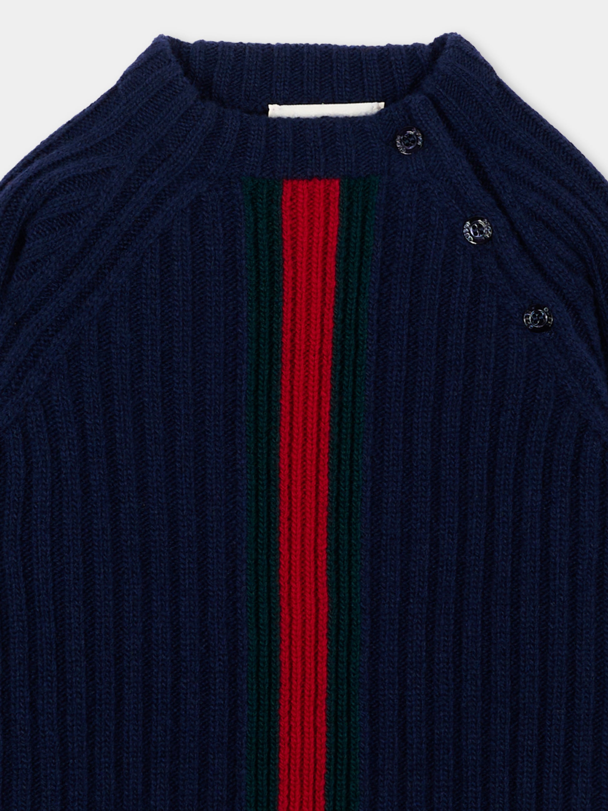 Maglione blu per neonato con Web,Gucci Kids,866182 XKFIL 4154