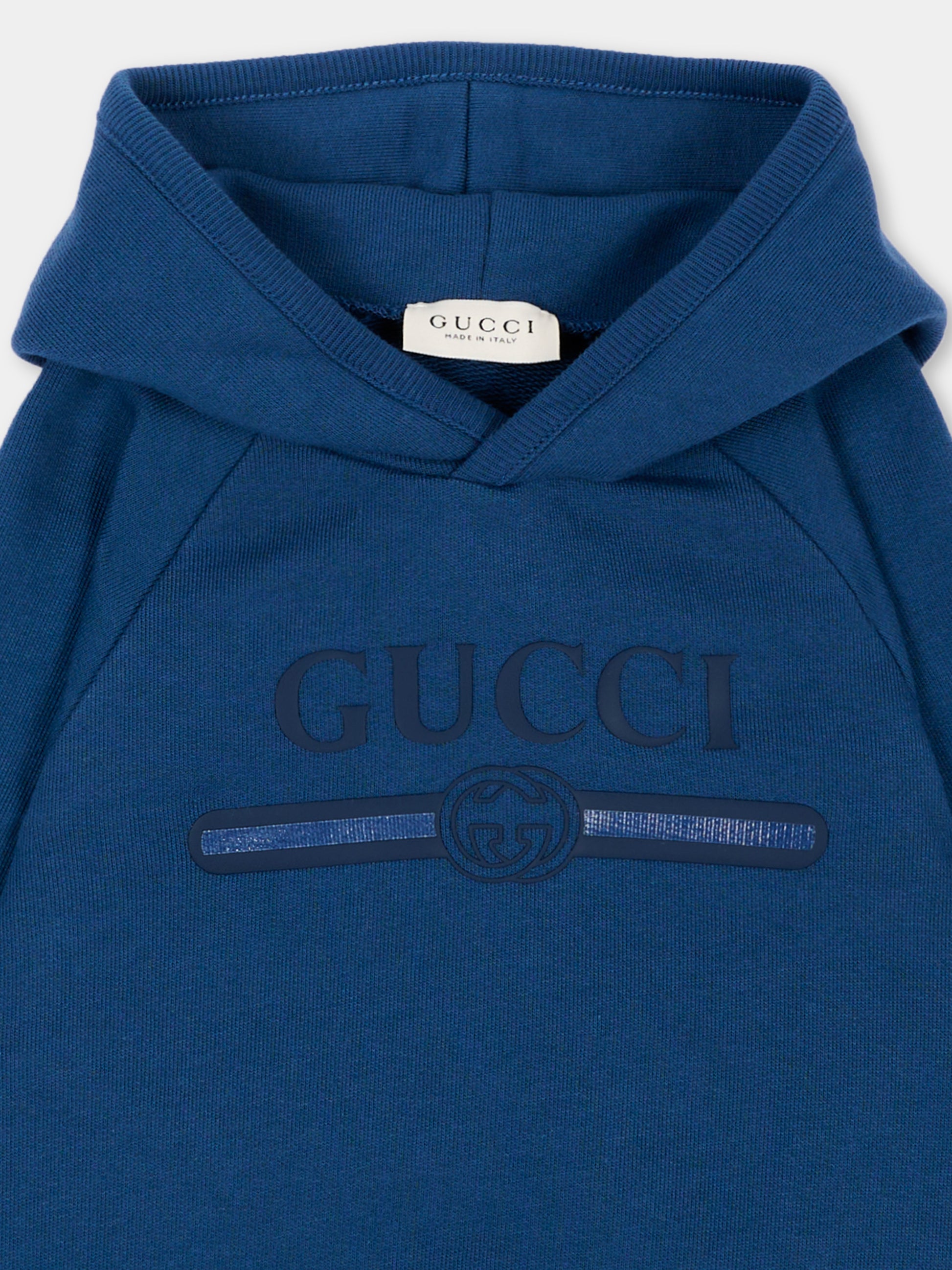 Felpa con cappuccio blu per neonato logo,Gucci Kids,749653 XJHXY 4393